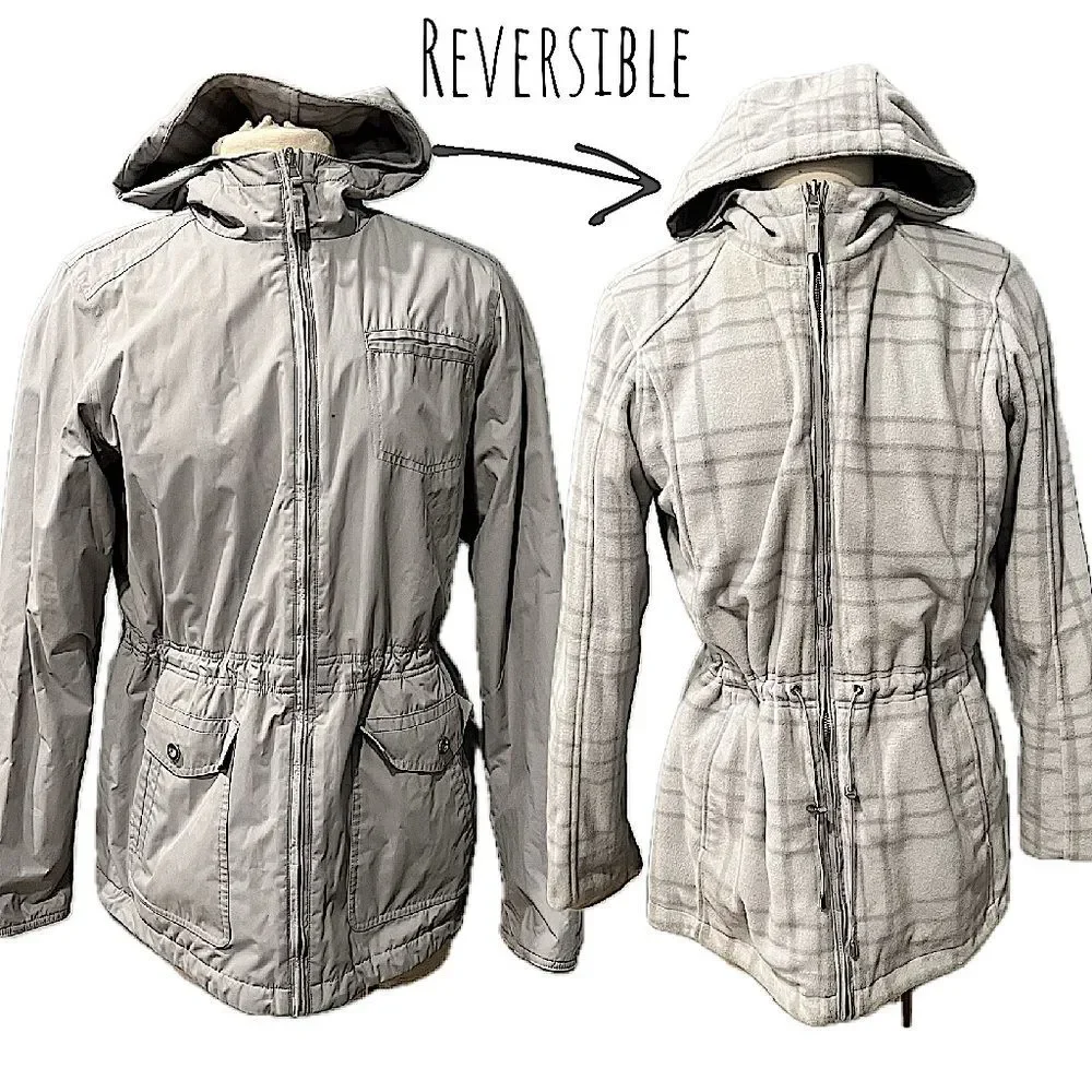 Izod Grey Hooded Reversible Trench Coat Fleece Plaid Coat Size Small